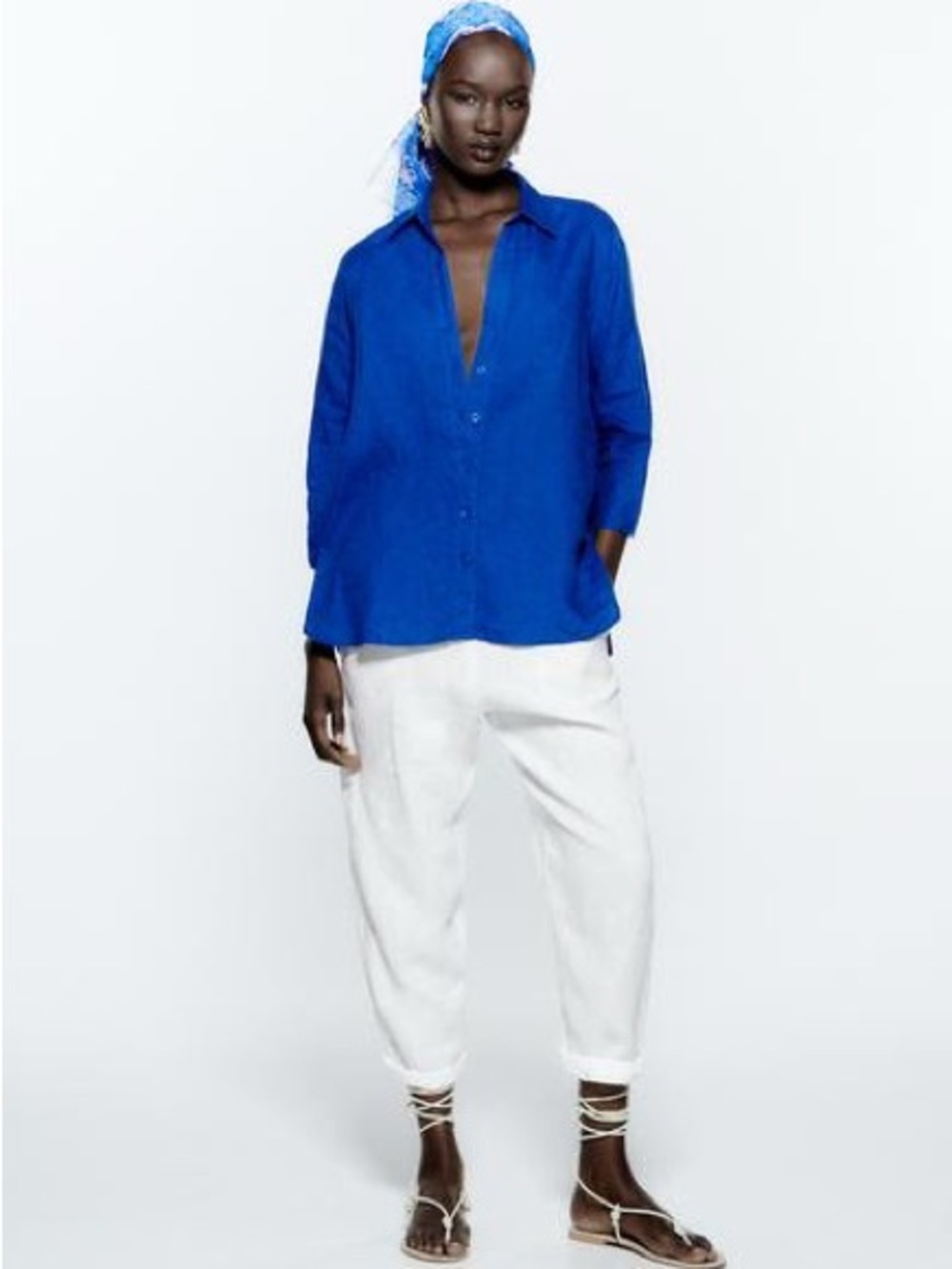 Zara Royal Blue Linen Shirt with White Capris